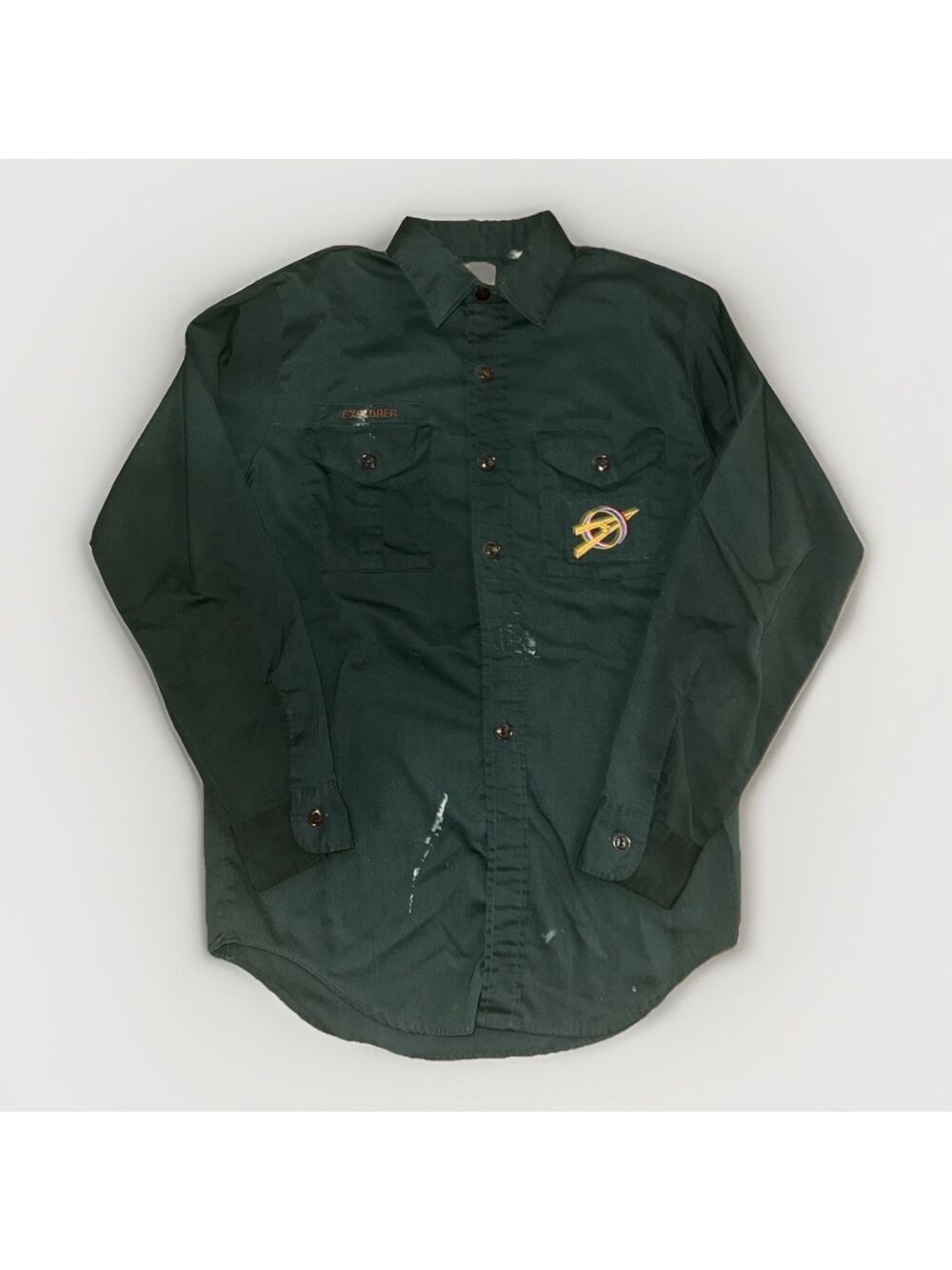 Vintage Boy Scouts Of American Explores Button Up Shirt Green 21x29 Large 60s/70